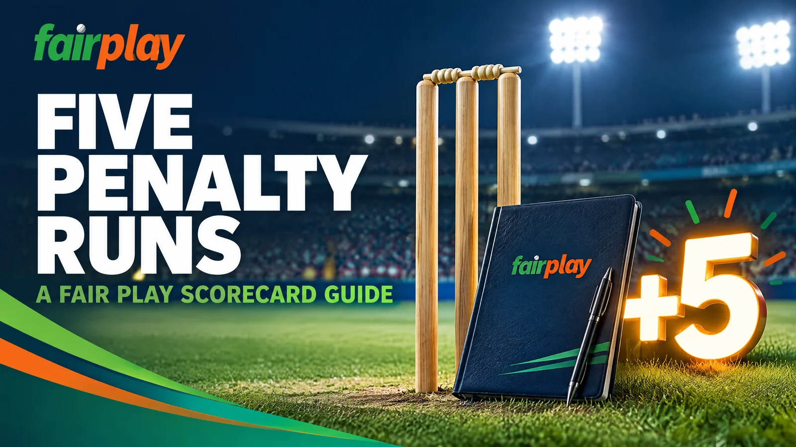 Fairplay illustrative cover showing a conceptual scorebook, stumps and a plus-five symbol, headed Five Penalty Runs.