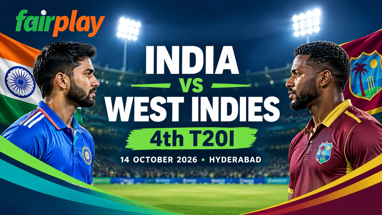 Fairplay illustrative stadium cover for India versus West Indies, fourth T20I, 14 October 2026 in Hyderabad.