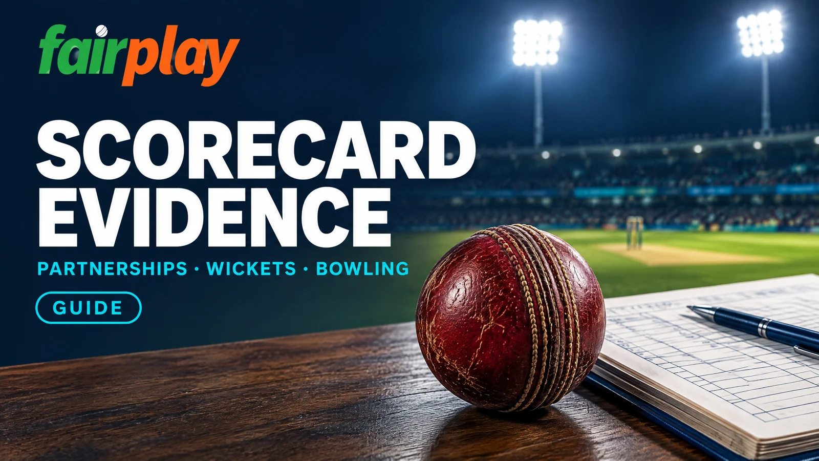 Fairplay Scorecard Evidence cover with a red cricket ball, scorebook and floodlit ground.