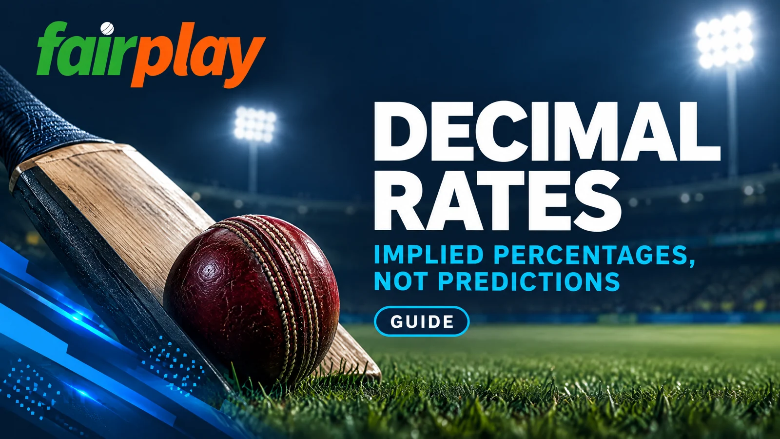Fairplay Decimal Rates cover with a cricket bat and ball and the words Implied Percentages, Not Predictions.