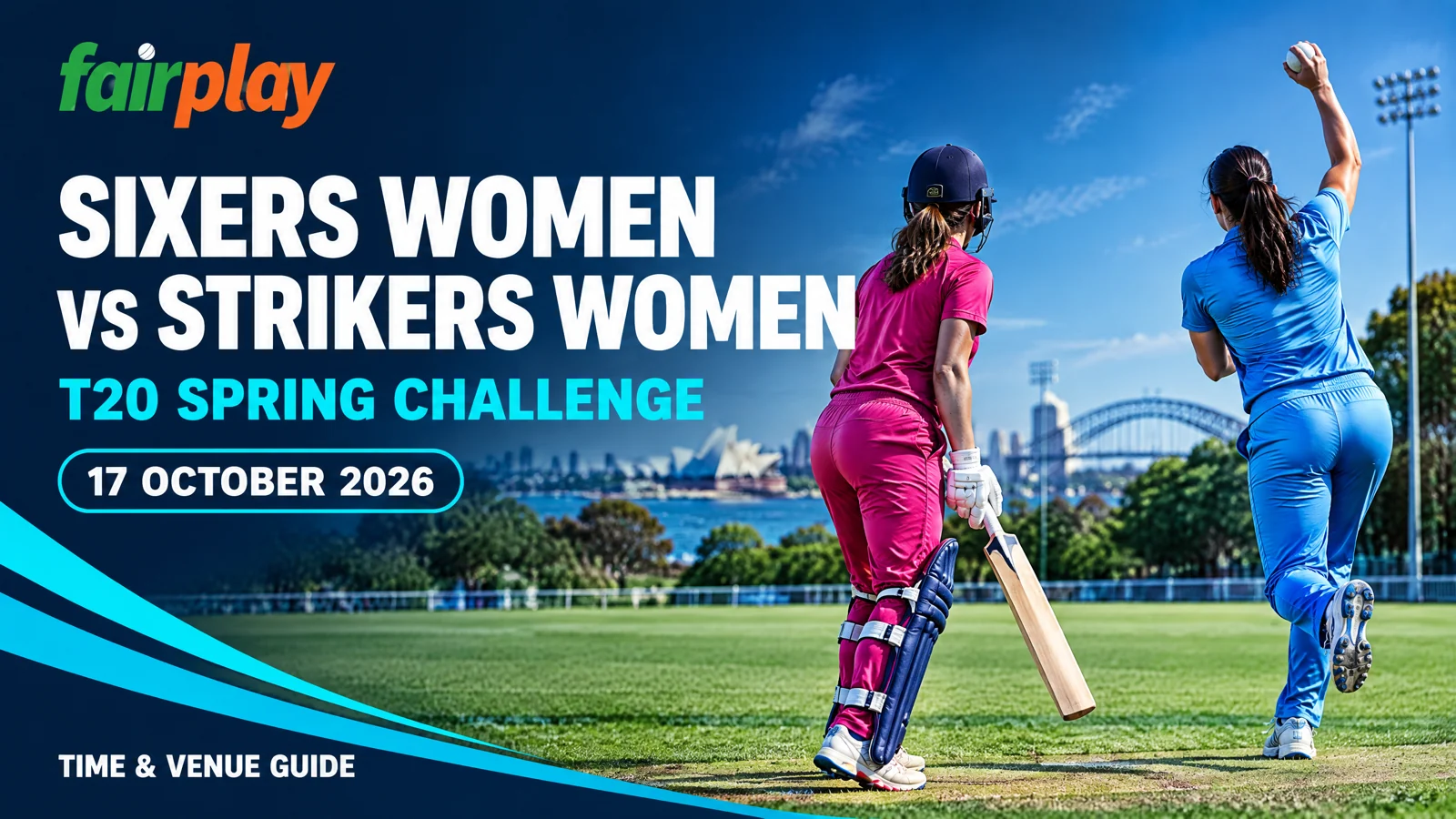 Original Fairplay women’s cricket illustration for Sixers Women versus Strikers Women on 17 October 2026.