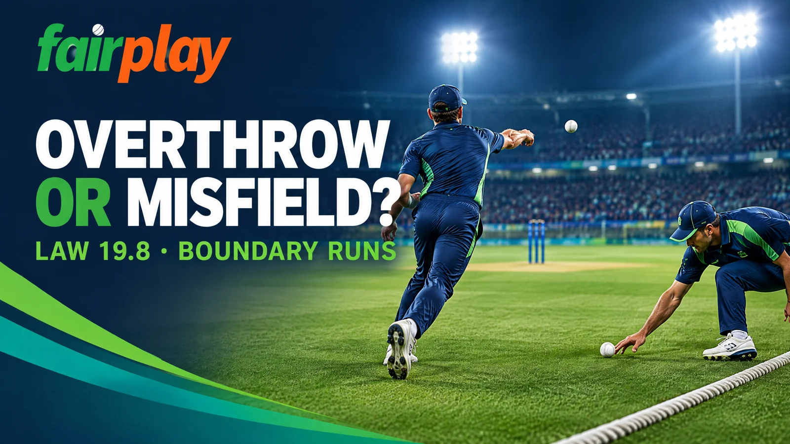 Original illustrative cricket scene showing a throw aimed at the stumps, a nearby misfield and labelled boundary-run checkpoints