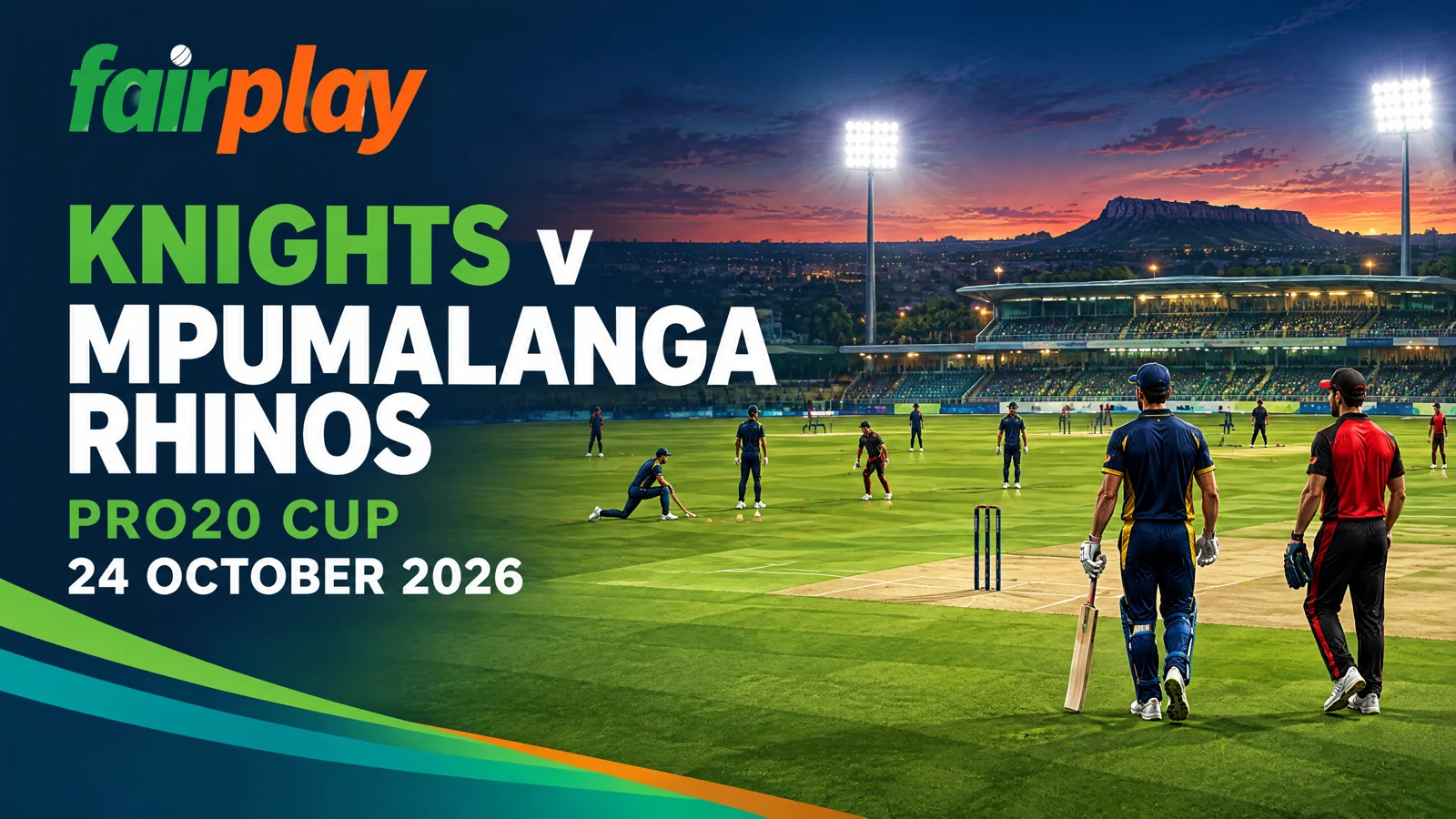 Original illustrative cricket scene showing an unnamed night match at Mangaung Oval with two generic teams preparing beneath stadium lights