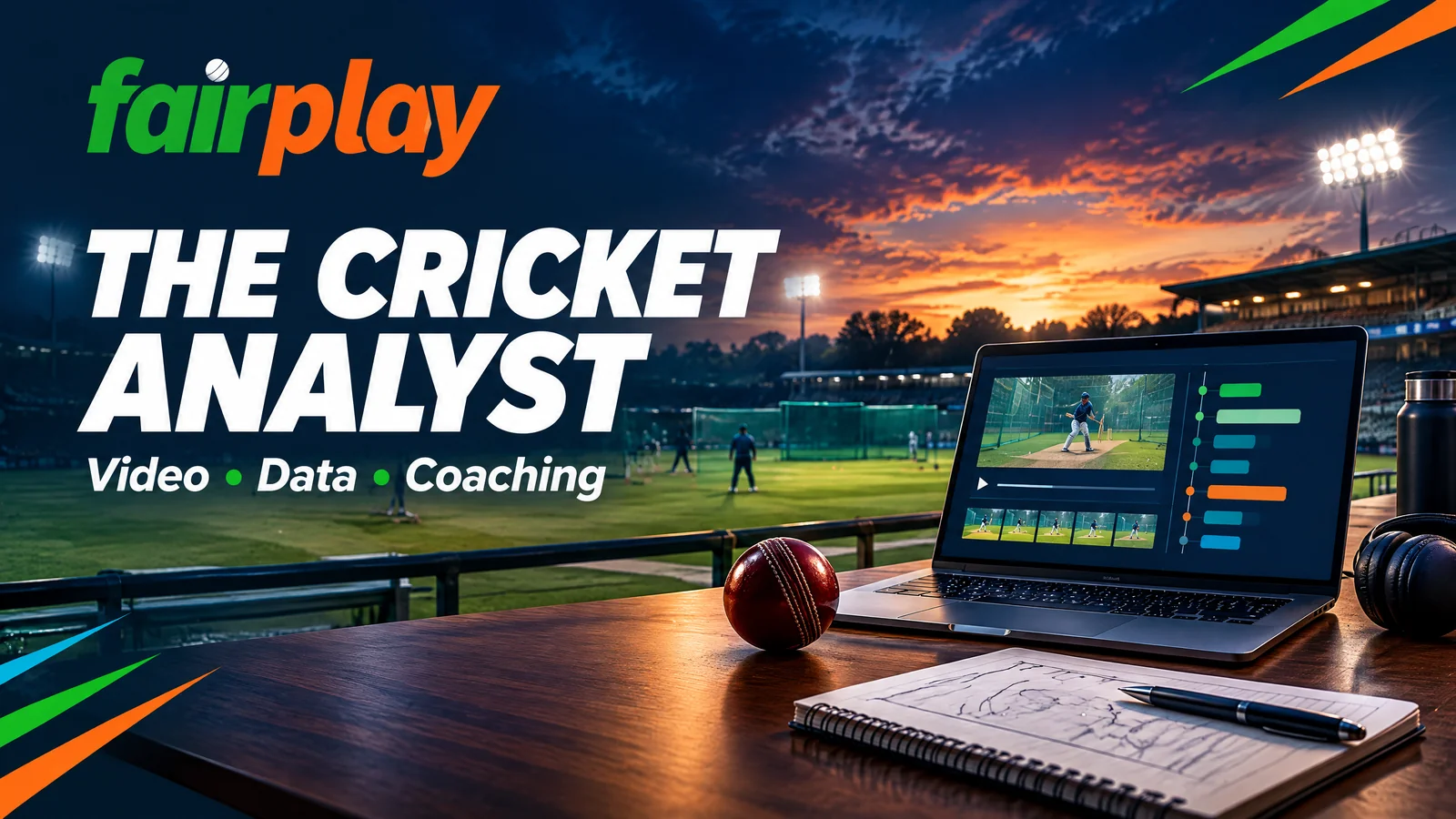 Cricket analyst desk with a conceptual video timeline overlooking a practice ground