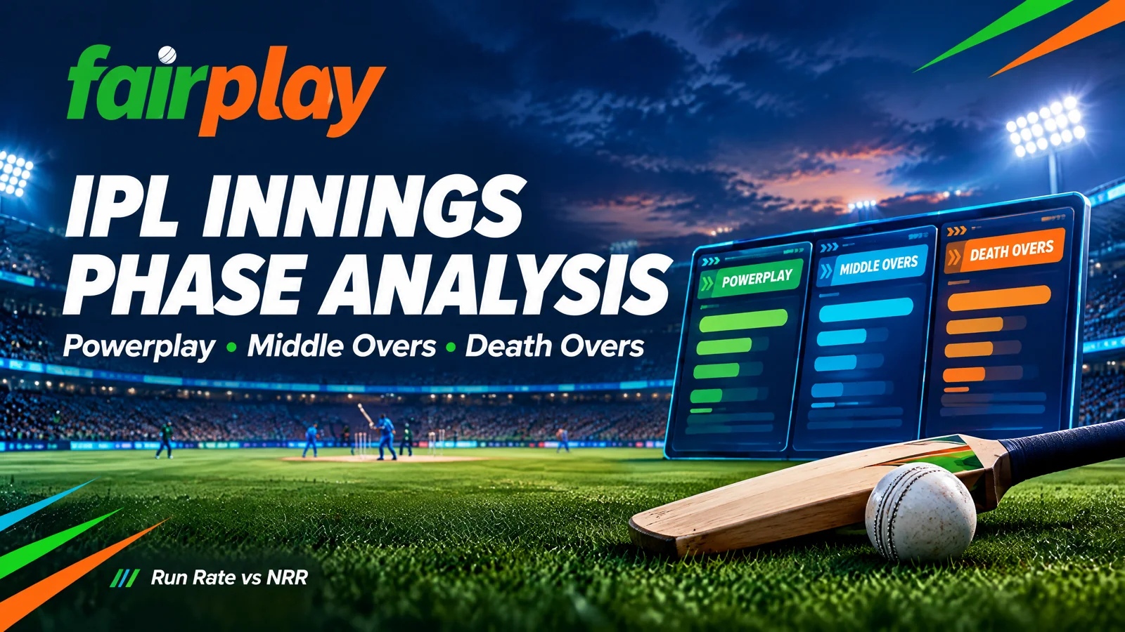 Fairplay IPL analysis illustration showing a cricket scorecard split into powerplay, middle-overs and death-overs phases.