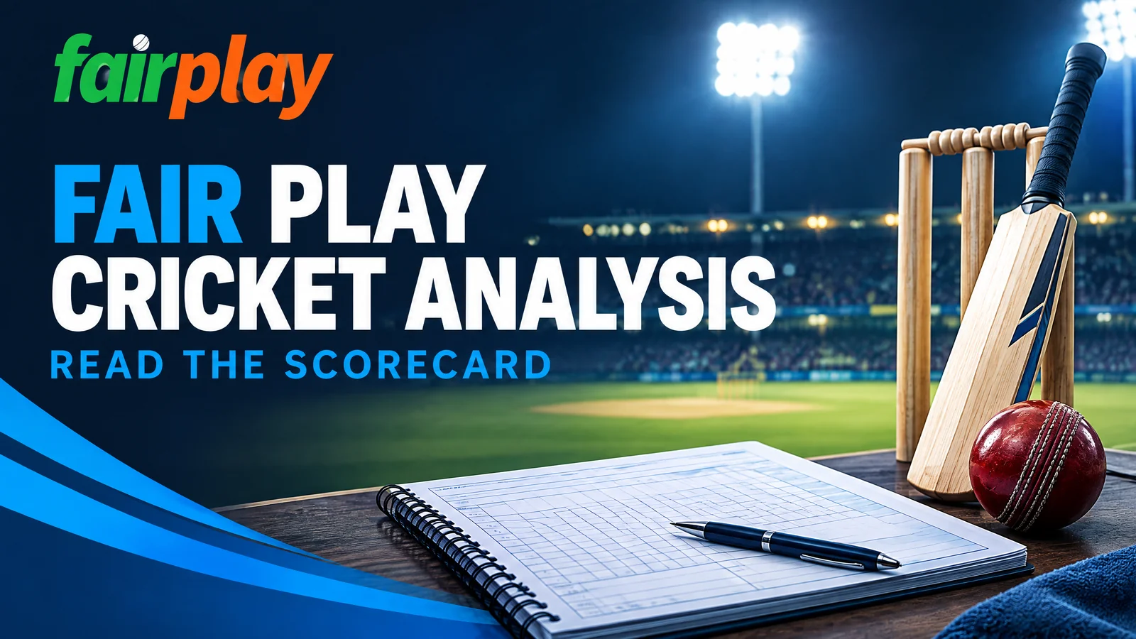 Illustrative cricket scorecard with innings total, extras, batting and bowling columns.