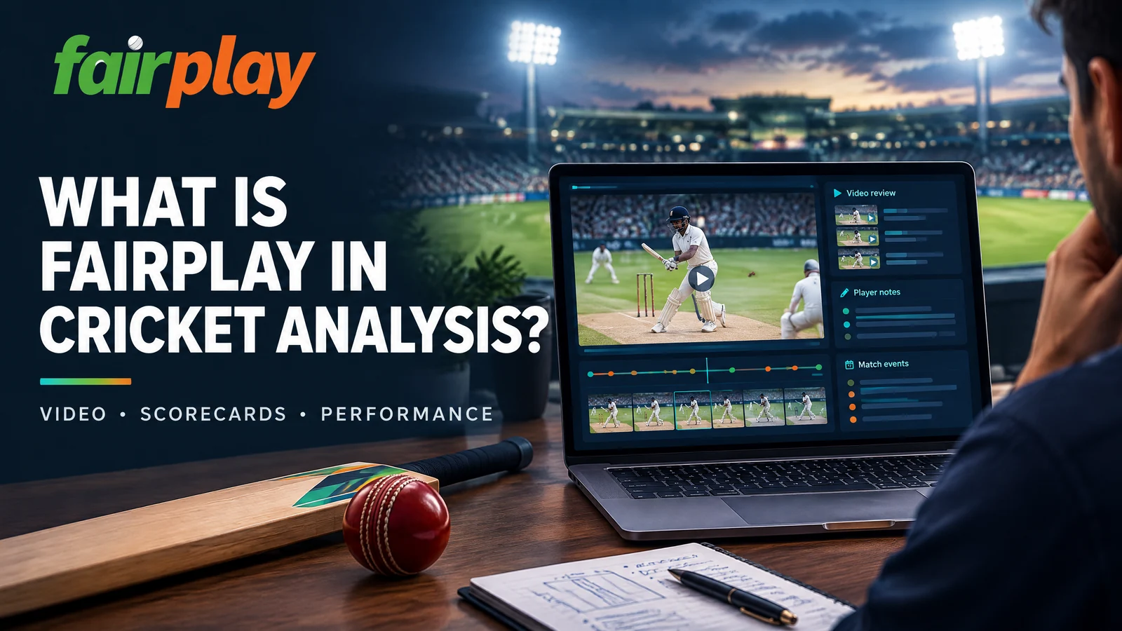 An illustrated cricket analyst workstation with video review and player-note panels beneath the heading What Is FairPlay in Cricket Analysis?