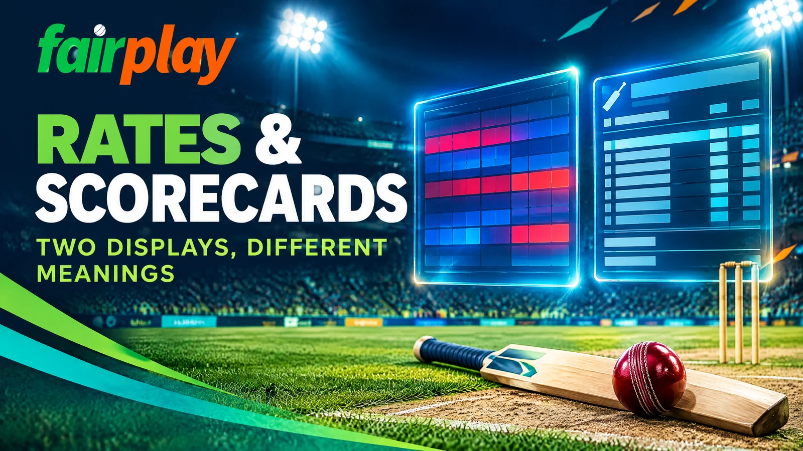 Fairplay Rates and Scorecards cover with two abstract display panels over a cricket stadium.