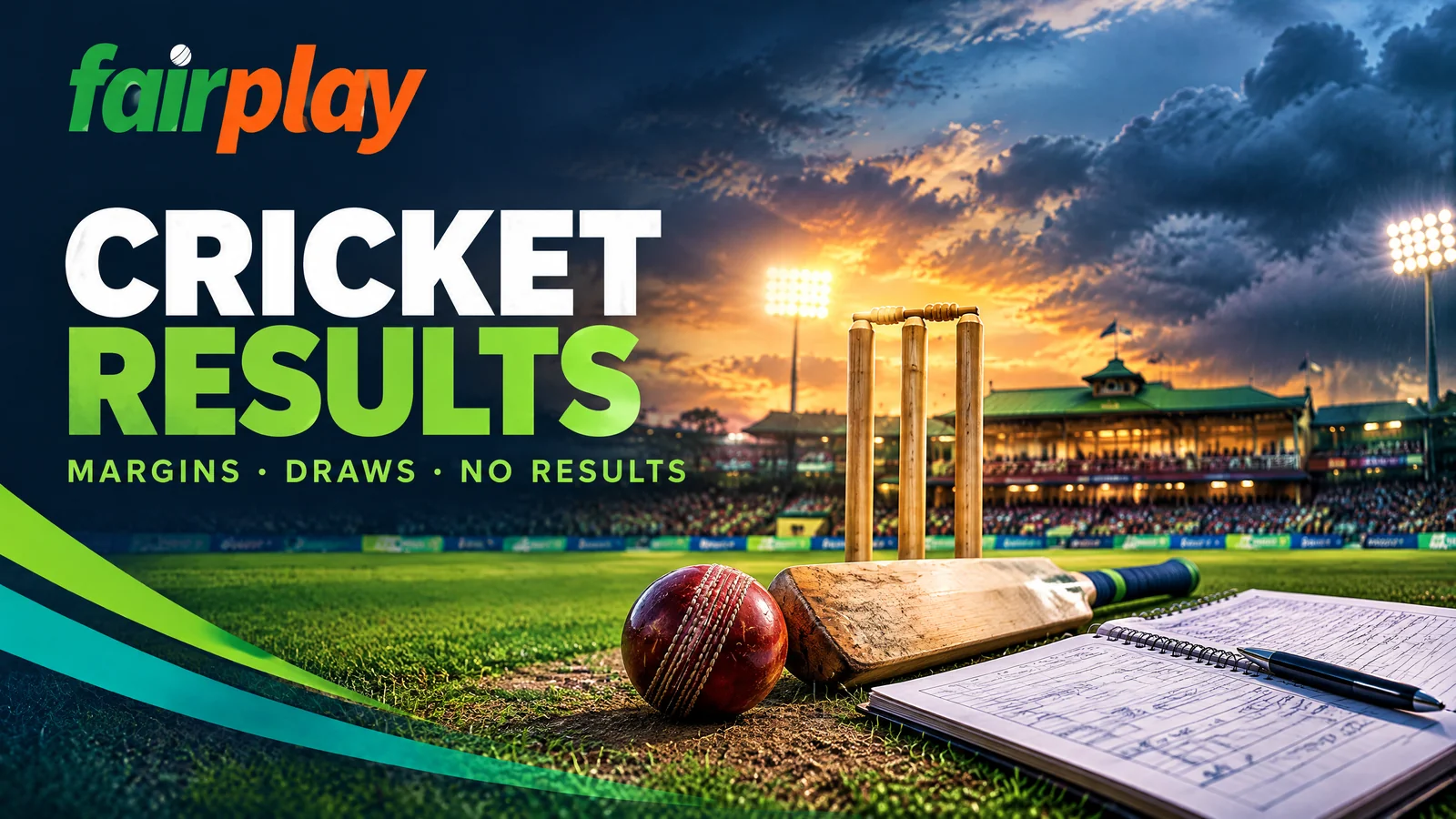 Fairplay Cricket Results cover with stumps, bat, ball and scorebook at dusk.