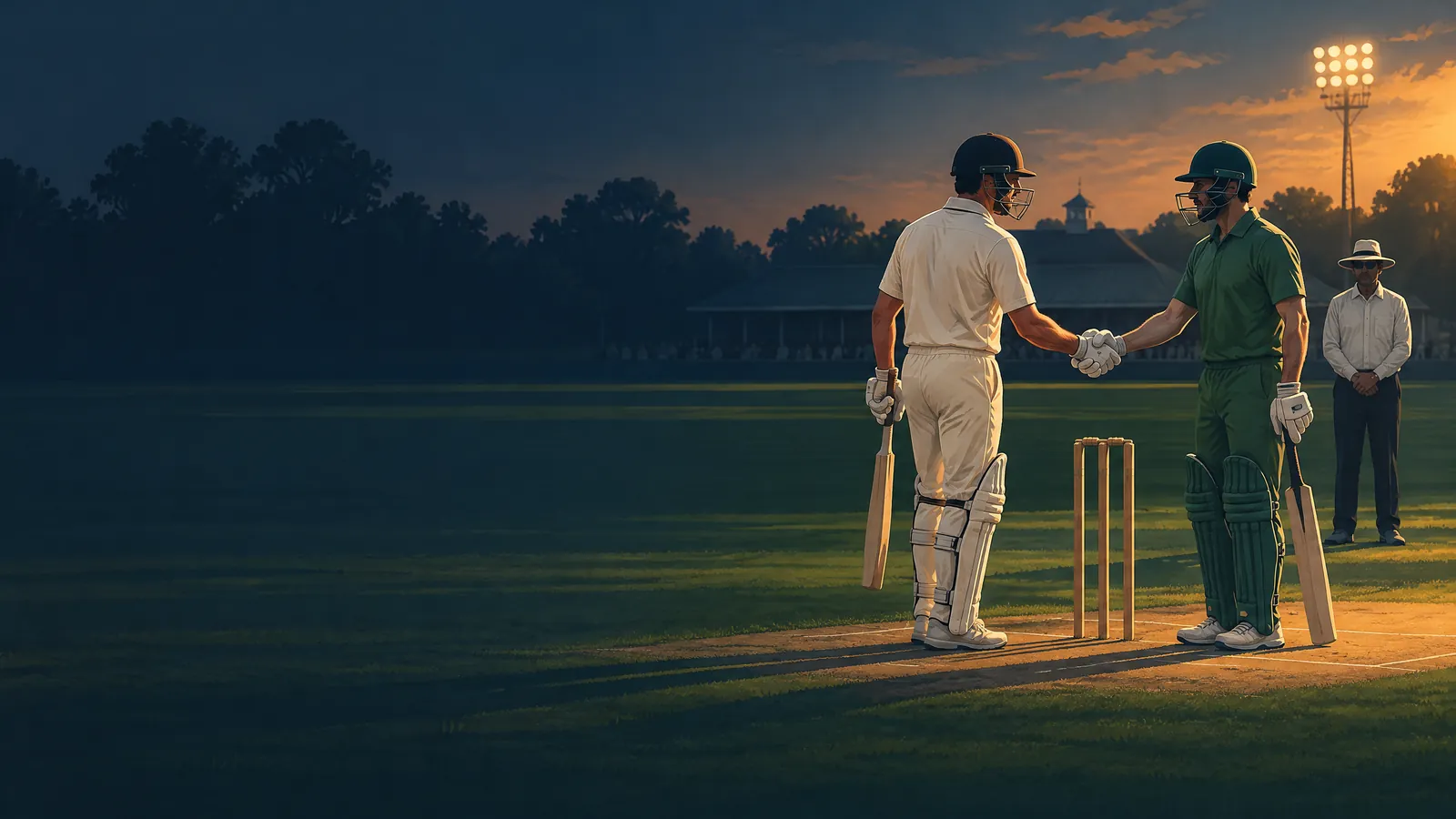 Original AI illustration of two cricketers shaking hands beside the wicket